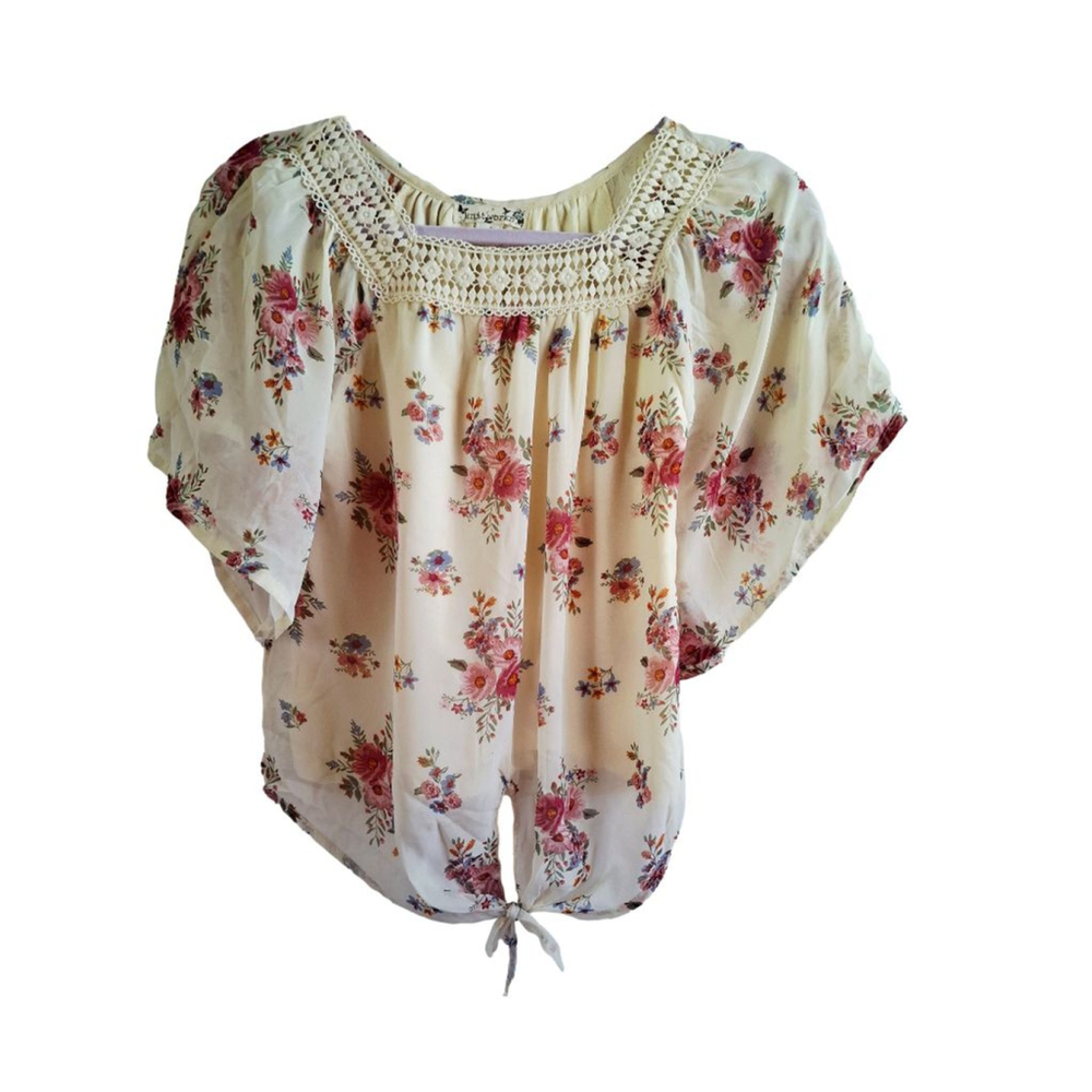 Knit Works Cream Floral Blouse with Crochet Trim, Size S fairycore boho